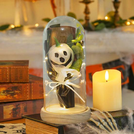 Halloween Light Up Pumpkin In Clear Cloche Handmade Glowing Pumpkin Light for Home Kitchen Mantel Tabletop Indoor Halloween Decoration