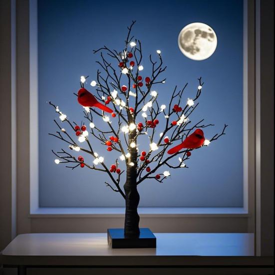 LED Vintage Glowing Tree with Cardinals Battery Operated Twinkle Trees Lamp with Lighted Branches Festive Holiday Party Lighting Halloween Christmas
