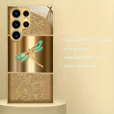 Goldene Glas-Handyhülle mit Libellenmotiv, geeignet für Samsung Galaxy S26 S25 S24 S23 S22 S20 FE/Ultra/Plus, stoßfeste Rückabdeckung