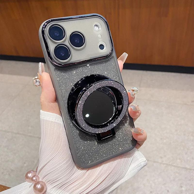 Luxury Glitter Bling Camera Full-pack Film Case For IPhone 17 Pro Max Air 16 15 14 13 12 Magnetic Make-up Mirror Bracket Cover