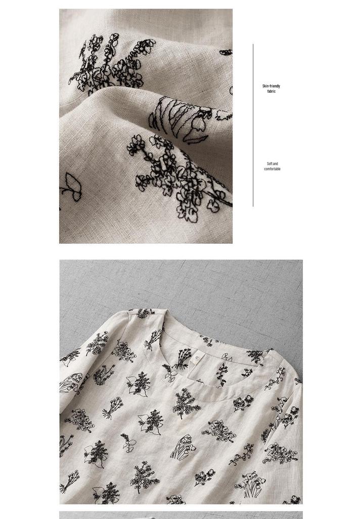 Floral Cotton Linen Mid-Sleeve Round Neck T-Shirt - Artistic Retro Style, Summer 2025 Arrival