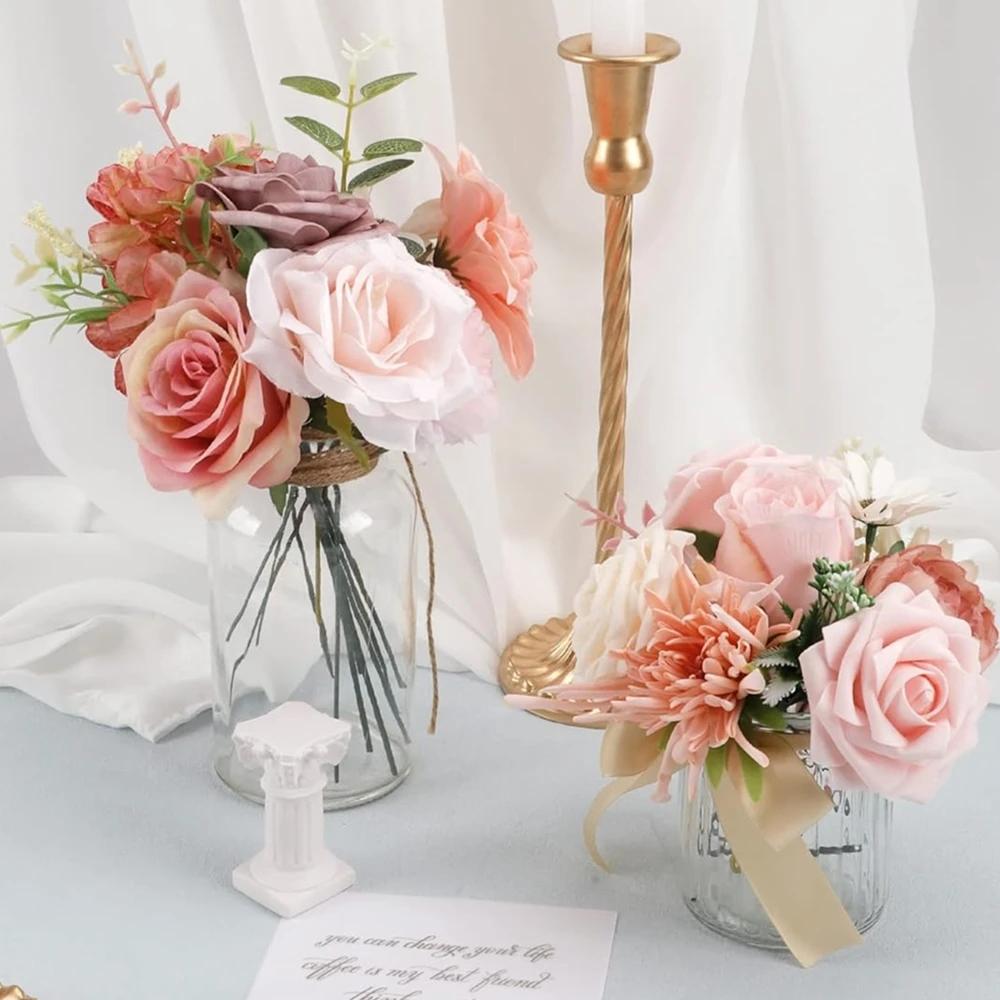 Pink rose artificial flower combination box set, bride bouquet, outdoor/indoor DIY center piece, flowers for decoration