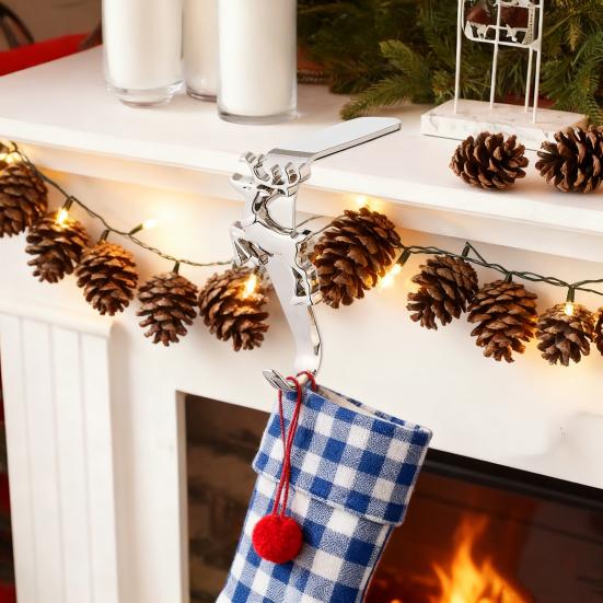 Mantel Christmas Stocking Hook Metal Stocking Holder on Fireplace Snowflake Reindeer Tree Santa Mantel Hook for Hanging Holiday Decorations Garlands