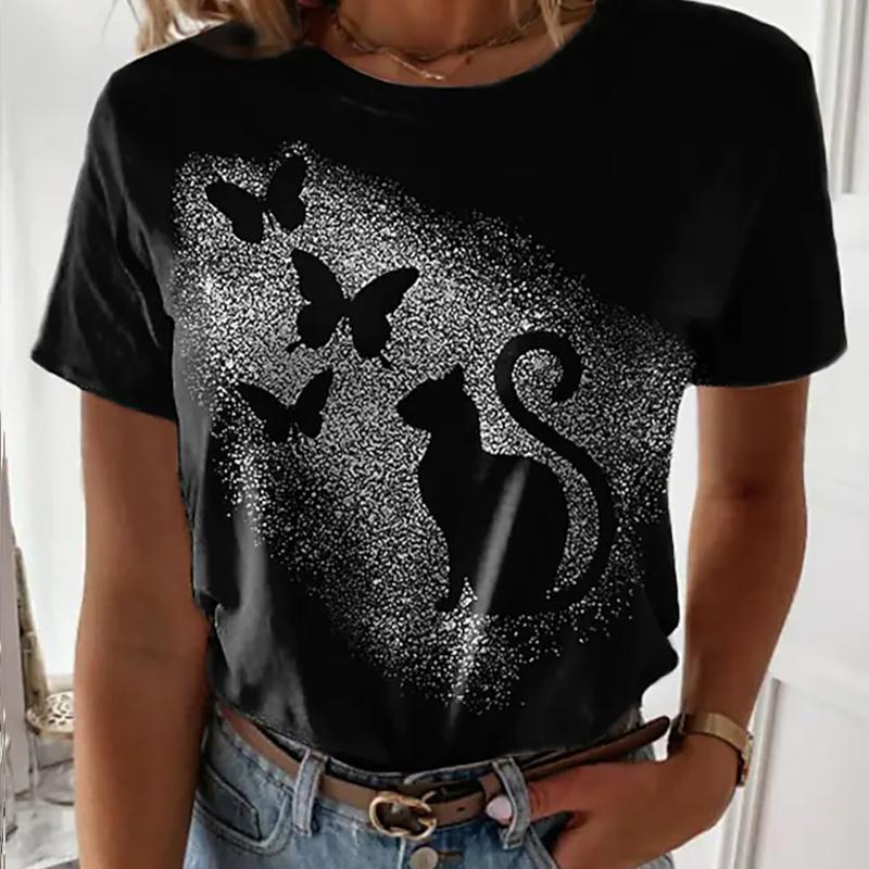 Damen Sommer T-Shirt Trend Kätzchen Druck Retro Mode Kurzarm Tees Lässig Bedruckte Oberteile