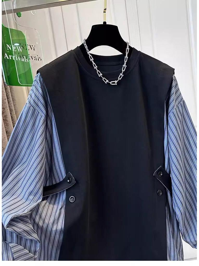 Plus Size Slimming Two-Piece Look Stripe Shirt: Women's Spring/Autumn Round Neck Long Sleeve Top