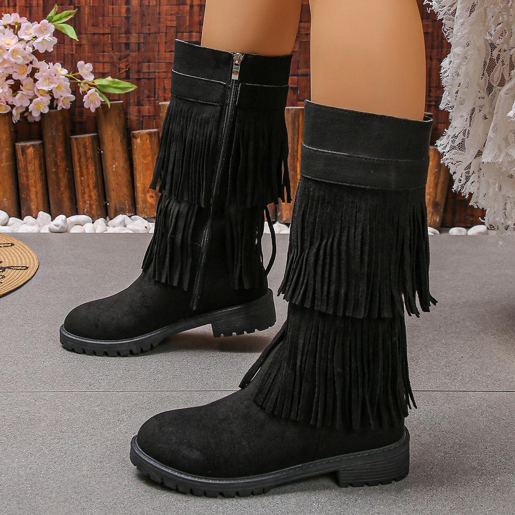 Comércio exterior novas botas de camurça europeias e americanas de camada dupla com franjas botas altas de cowboy de salto grosso com zíper lateral para mulheres