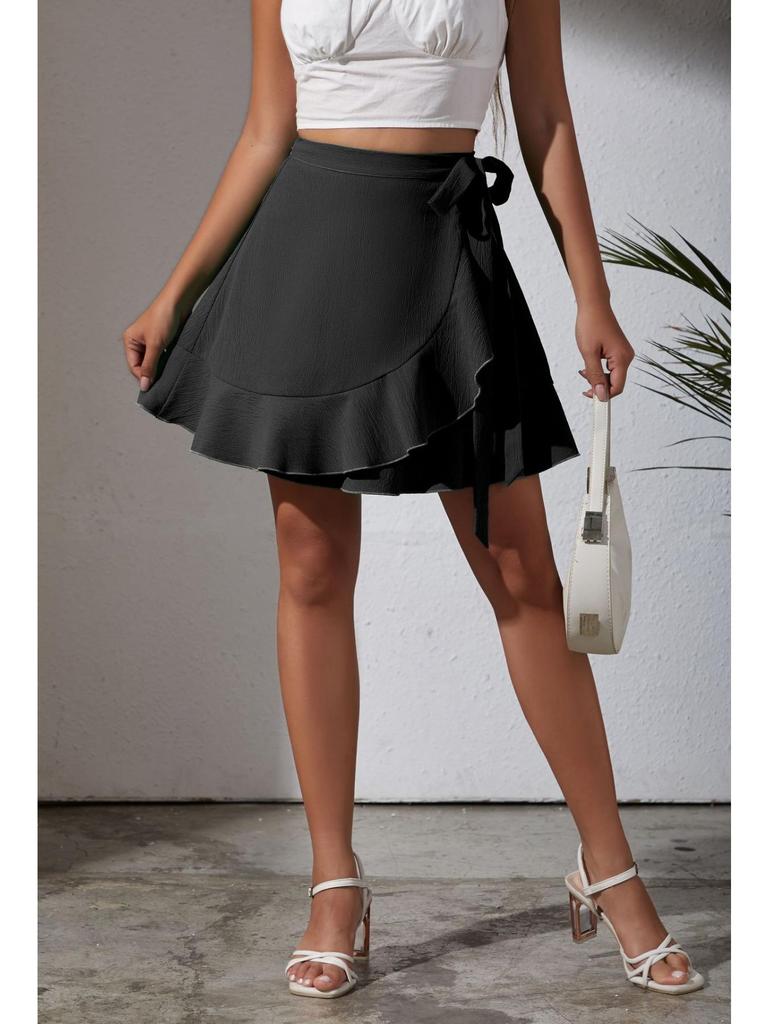One Piece Lace Up Skirt High Waist Solid Color Ruffled Edge Short Skirt Cross-border Women's Clothing