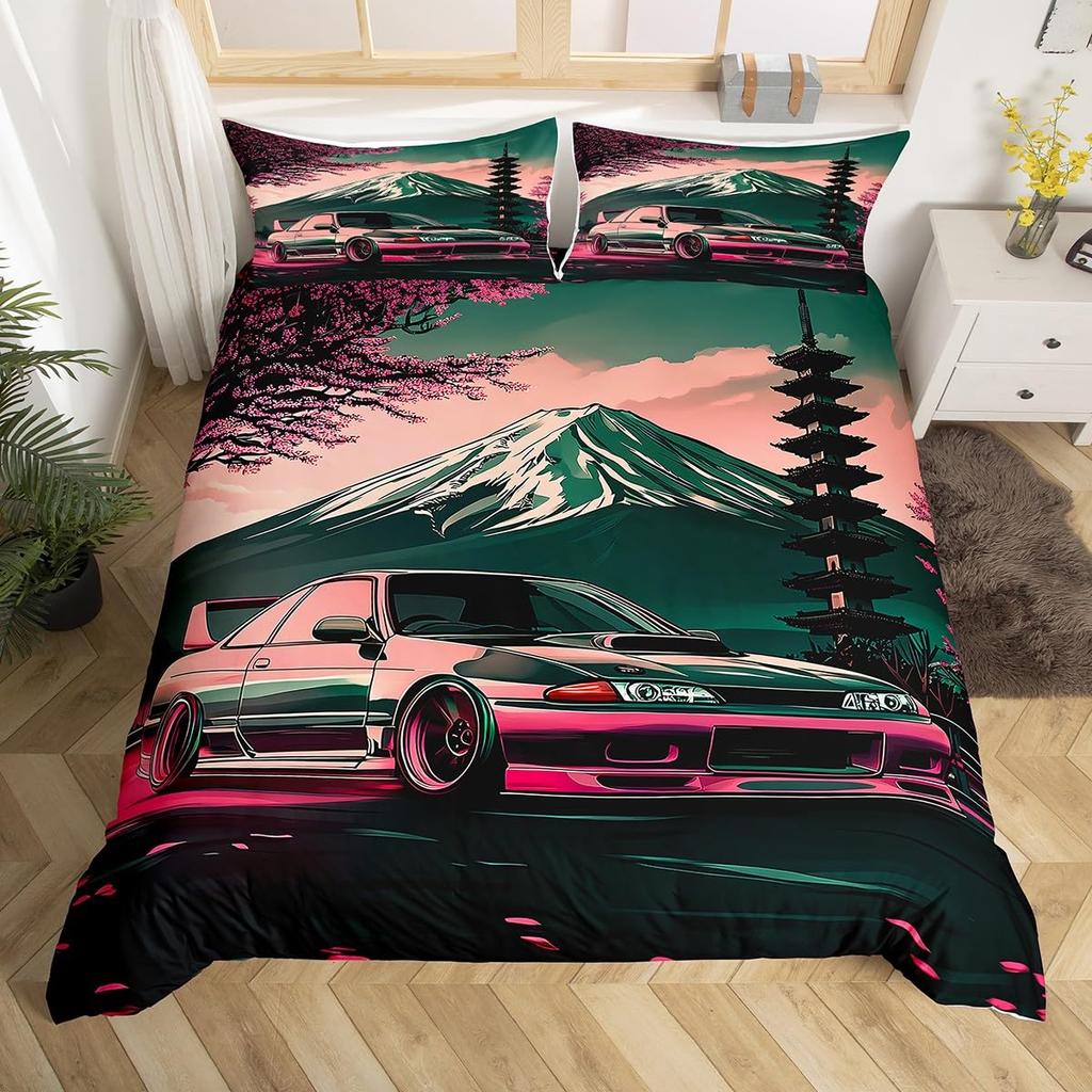 Mount Fuji Duvet Cover Twin Size Kids Cherry Blossoms Comforter Cover Set For Boys Girls Teens Natural Scenery Art Bedding Set