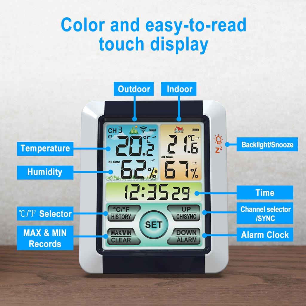 İç Mekan Dış Sıcaklık Nem Ölçer Arka Işık Zaman Alarmı Erteleme ile Renkli Dokunmatik Ekran