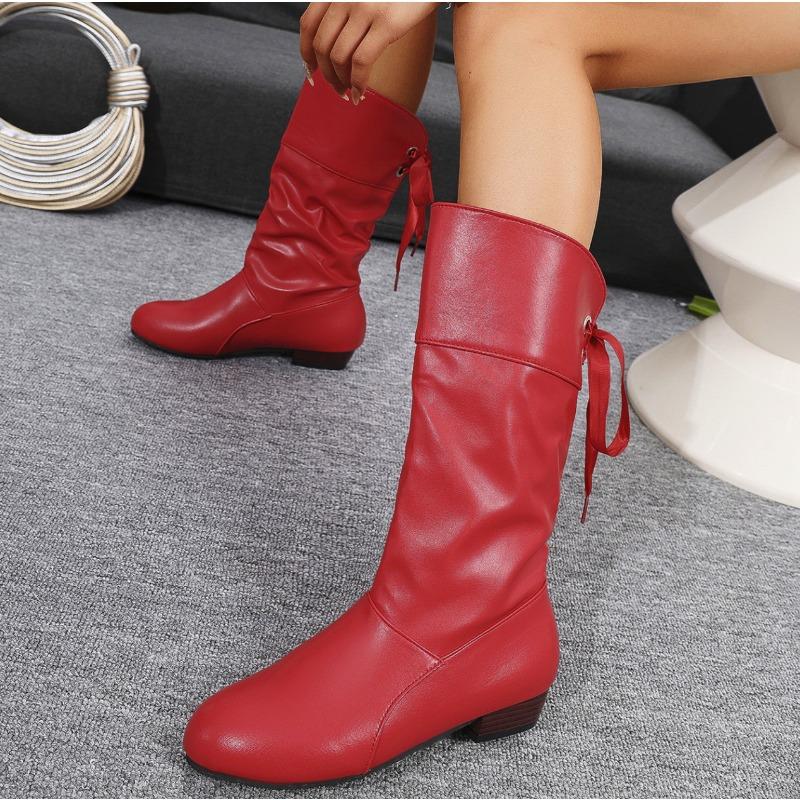 Cross-border New Large-size Lace-up Thin High Boots Women's Autumn and Winter White Student Thick-heeled Leather Knight Boots