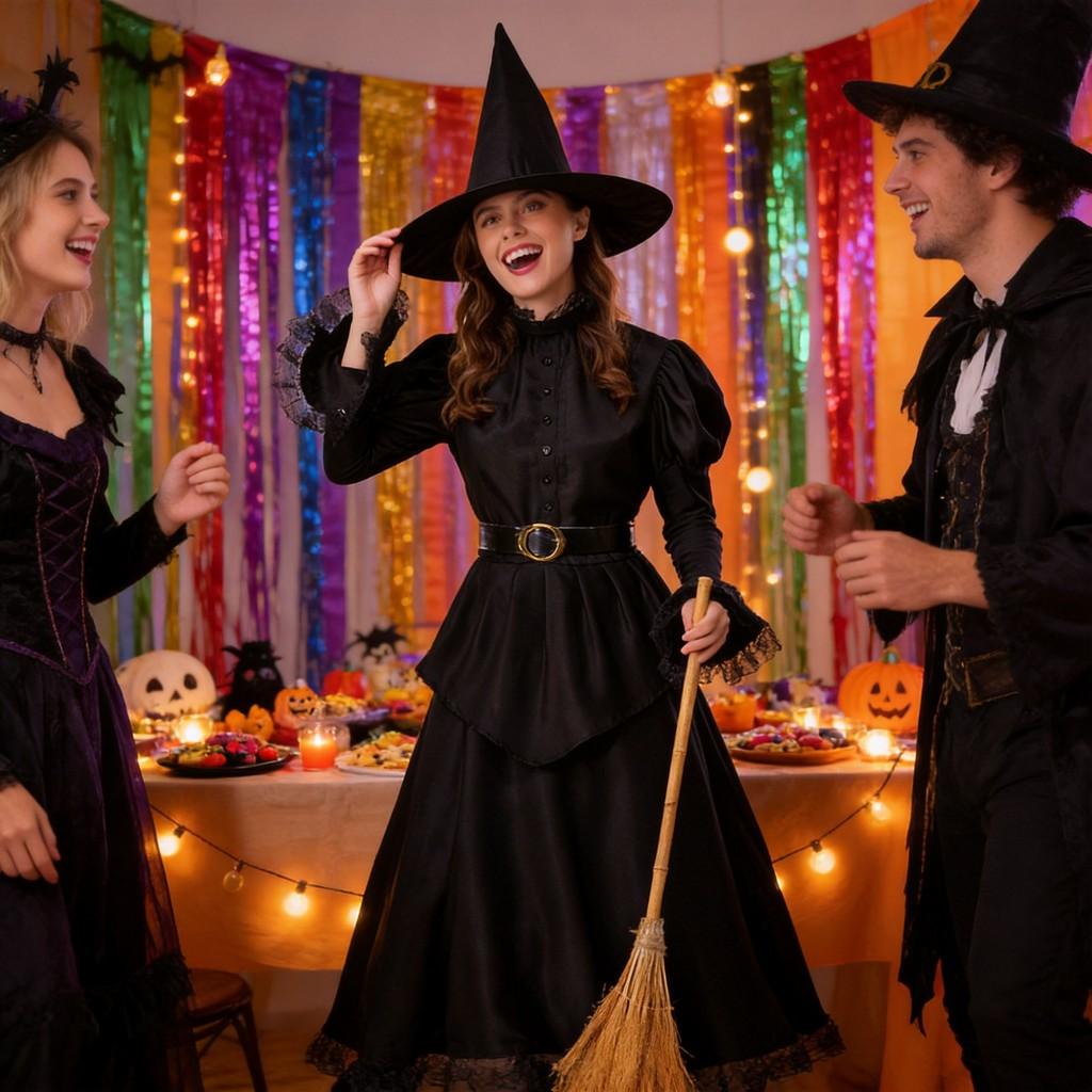 Halloween Witch Costume For Women With Black Dress And Hat For Cosplay Parties