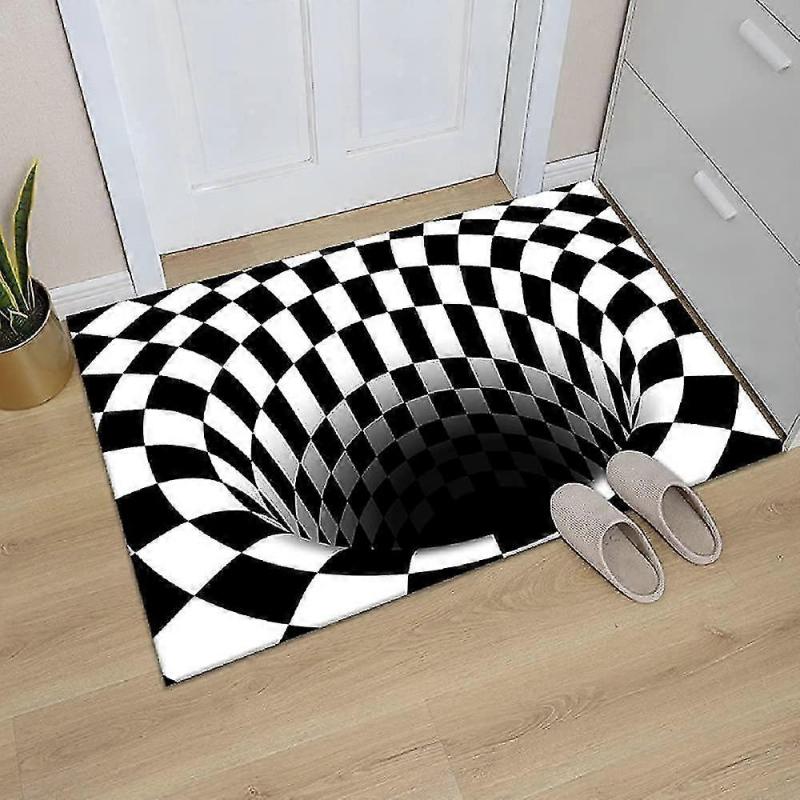 Optical Illusion Rug 3d Stereo Checkered Vortex Optical Illusions Rug Funny Sensation Of Falling Black White Non-slip Plaid Hole Area Rug For Dining