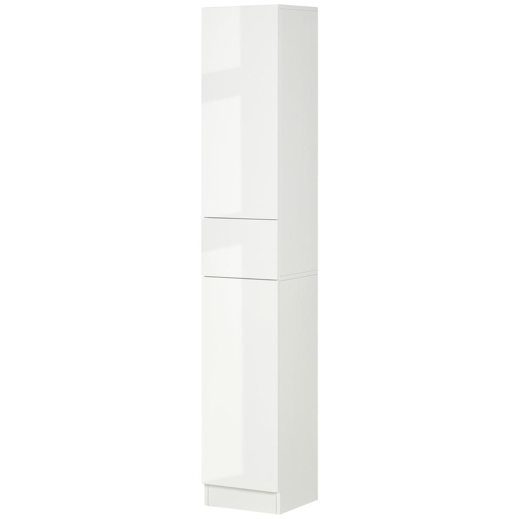 Tall Bathroom Cabinet with Adjustable Shelves, High Gloss Storage Cupboard, Freestanding Tallboy with Storage Drawer, White