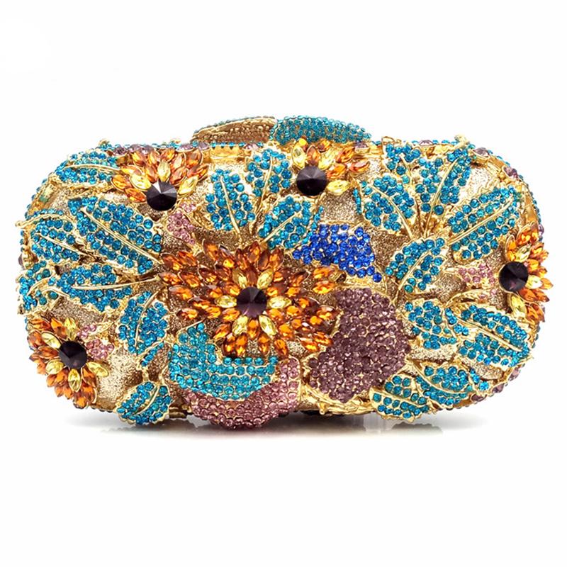 Floral Women Crystal Rhinestone Evening Bags Black Diamond Clutch Bag Wedding Bridal Clutches Gold Metal Handbag Purse Bags