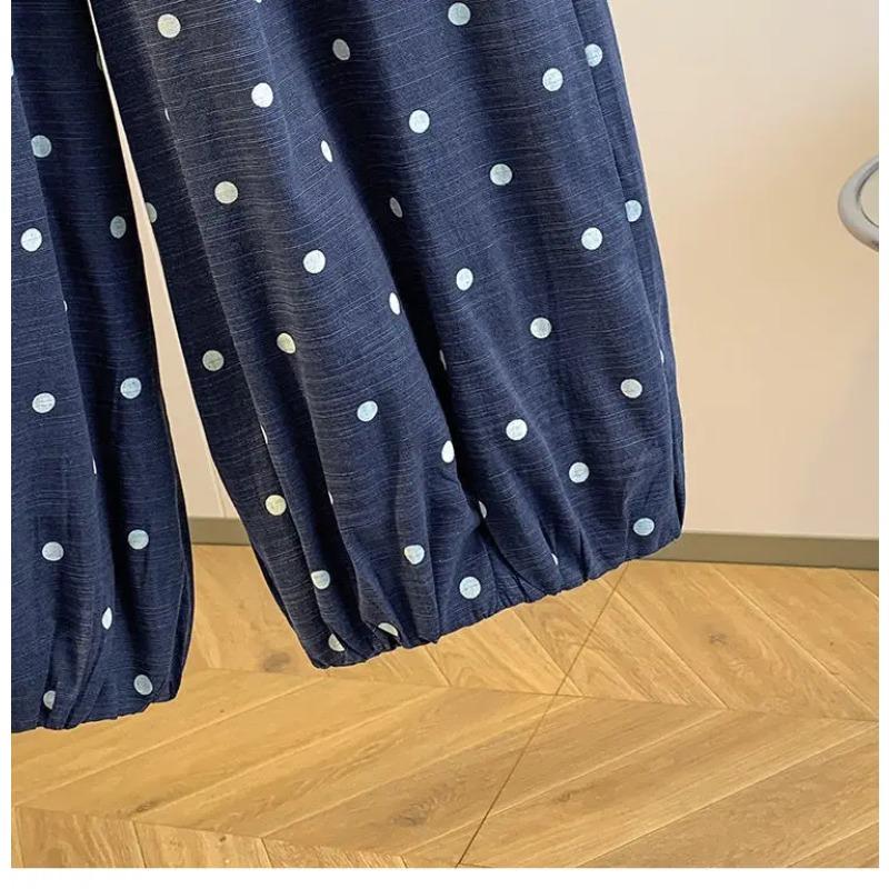 2026 Summer Cotton Linen Polka Dot Trousers Women's Loose Wide Leg Versatile Nine Point Harem Pants Korean Version Lantern Pants