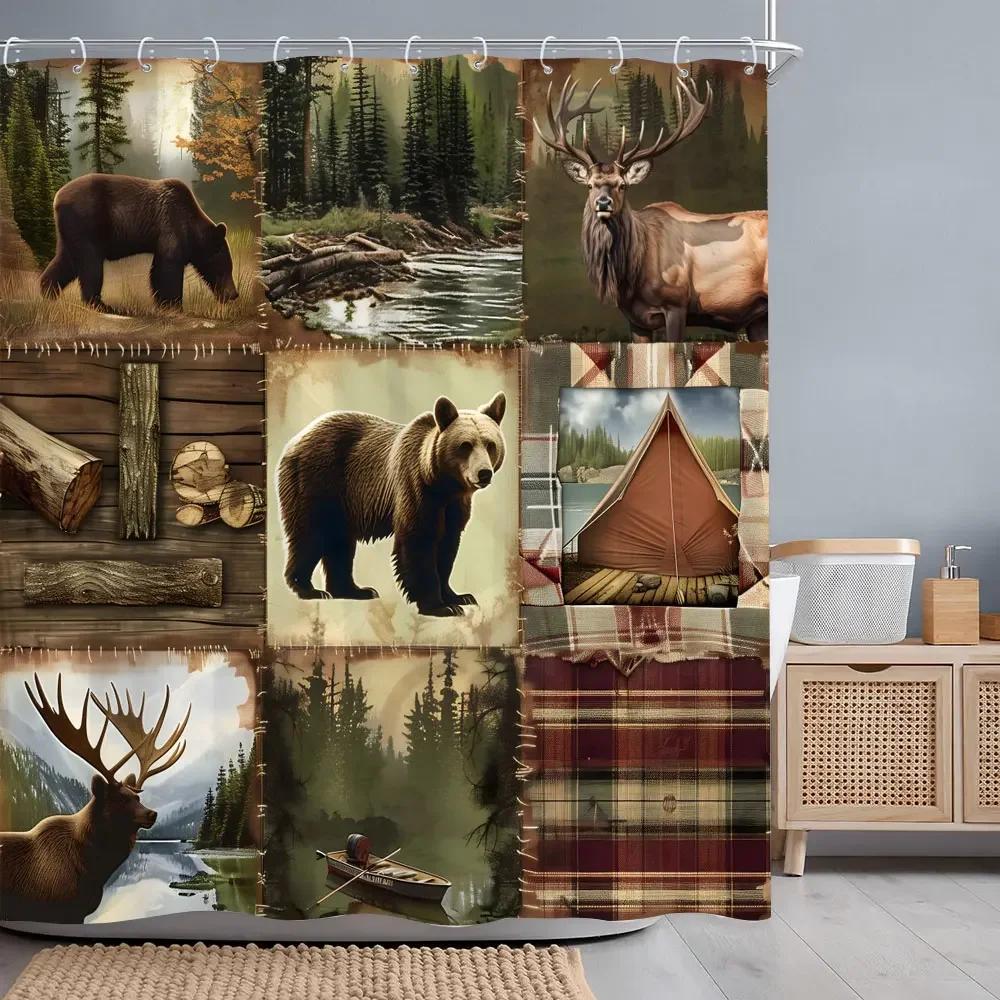 Vintage Lattice Outdoor Camping Shower Curtain Bear Deer Forest Rustic Wooden Panels Shower Curtains Bathroom Decor With Hooks