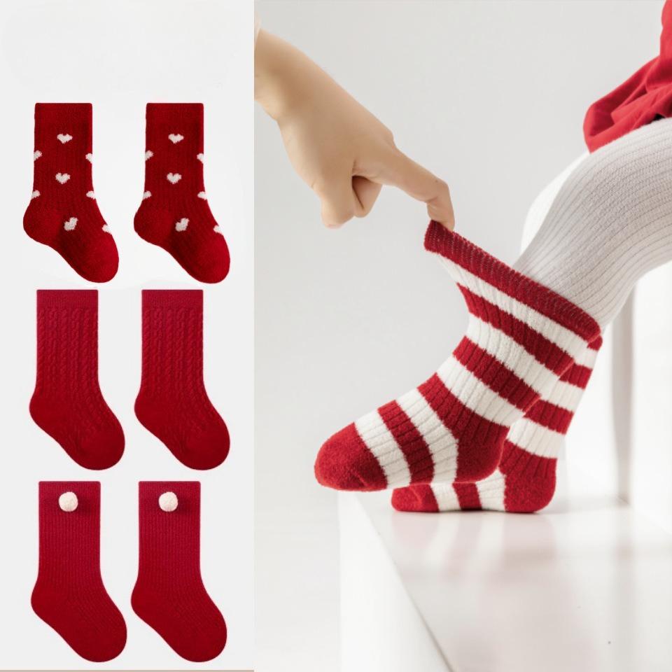 Baby Socks Autumn Winter Thickened Warm Children Red New Year Socks Full Moon Year Old Boy Girl Toddler Boneless Mid Tube Socks