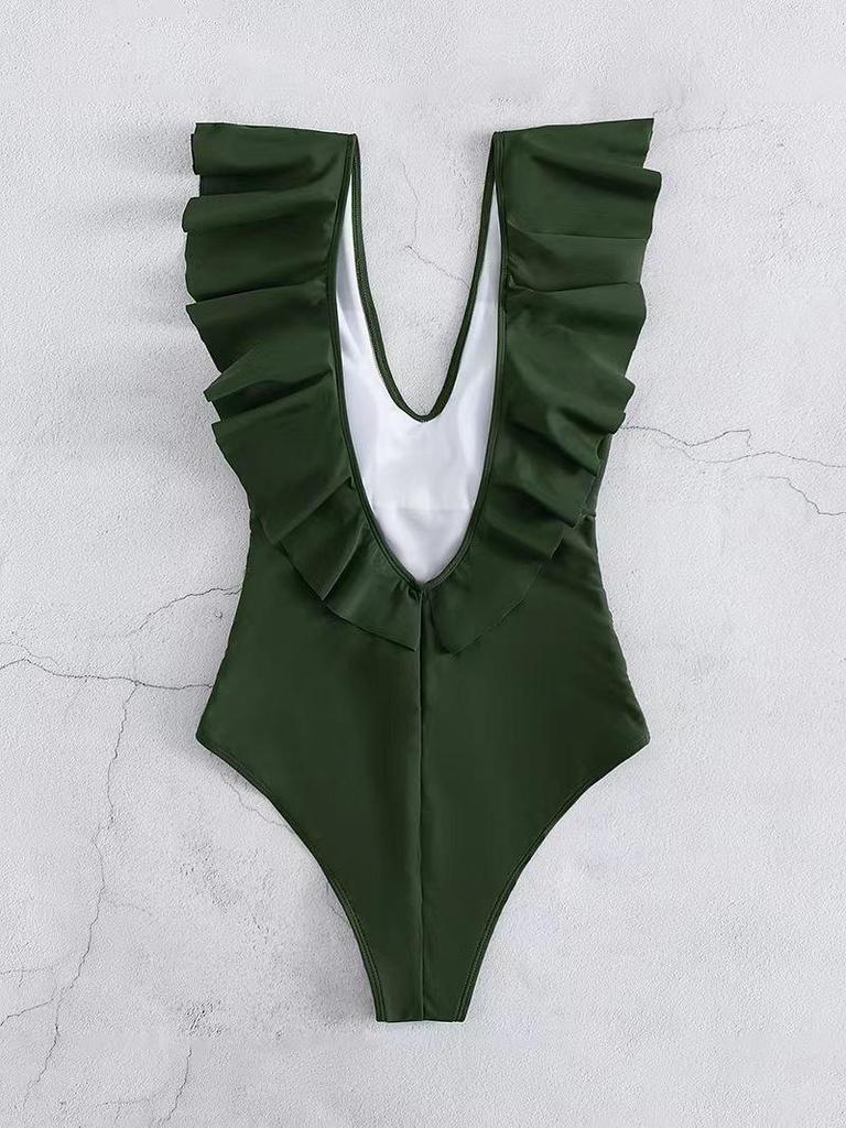 2024 European & American One-Piece Flounce Bikini - Solid Color, Sexy Swimwear