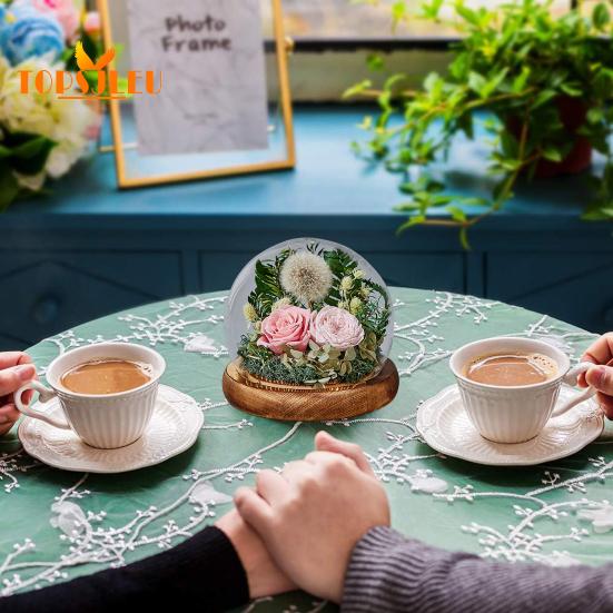 Capac din sticlă cu flori de păpădie veșnică, bază din lemn, cupolă din sticlă infinită păstrată de păpădie, soție iubita soție cadou de Ziua Îndrăgostiților