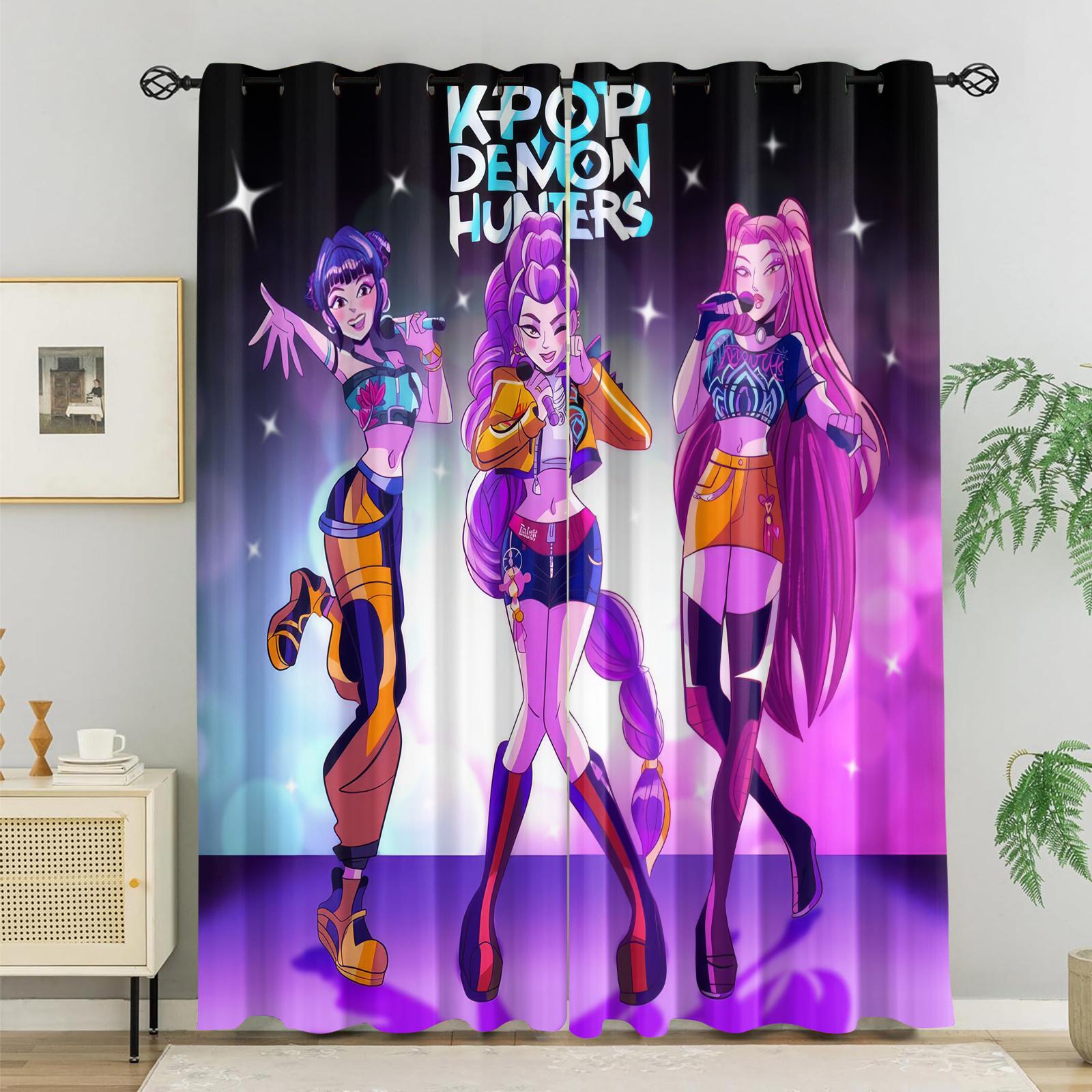 

Set Of 2 Pop Demon Hunters Print Perforated Curtains Bedroom Living Room Study Office Bathroom Decor Darkening Made Polyester Machine Washable Great W100*H130(CM)-Rod Pocket&2PCS
