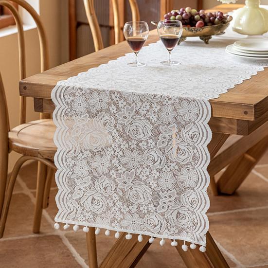 French Lace Table Runner Hollow Tassel Fringe Placemat Elegant Decorative Tablecloth Romantic Wedding Party Dining Table Dresser Buffet Decor
