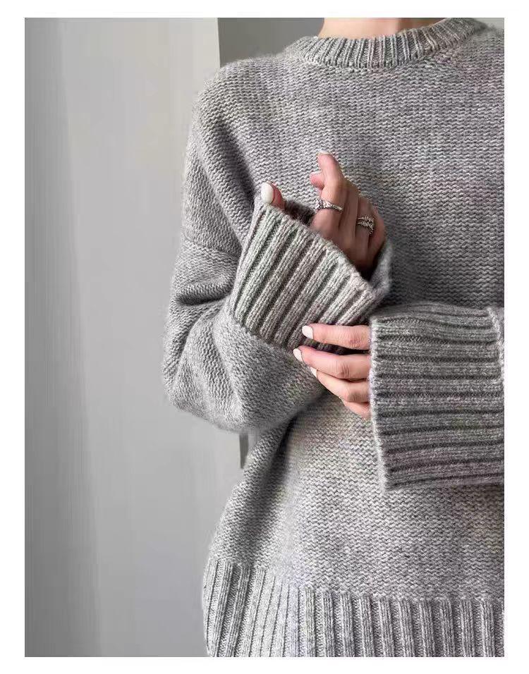Women's European-Style Heavy-Weight Pure Wool Round-Neck Sweater, Thick & Loose Mid-Length Cashmere Pullover