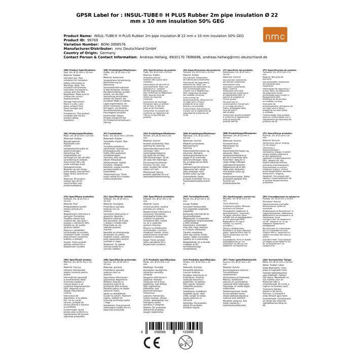 Pipe Thermal Insulation - NMC - 22mm - 10mm Rubber - 2m - 50% Heat Reduction