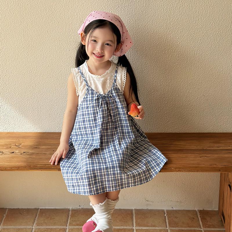 Girls Summer 2026 Plaid Skirt & Suspender Dress Set - Korean Style Two-Piece 140cm