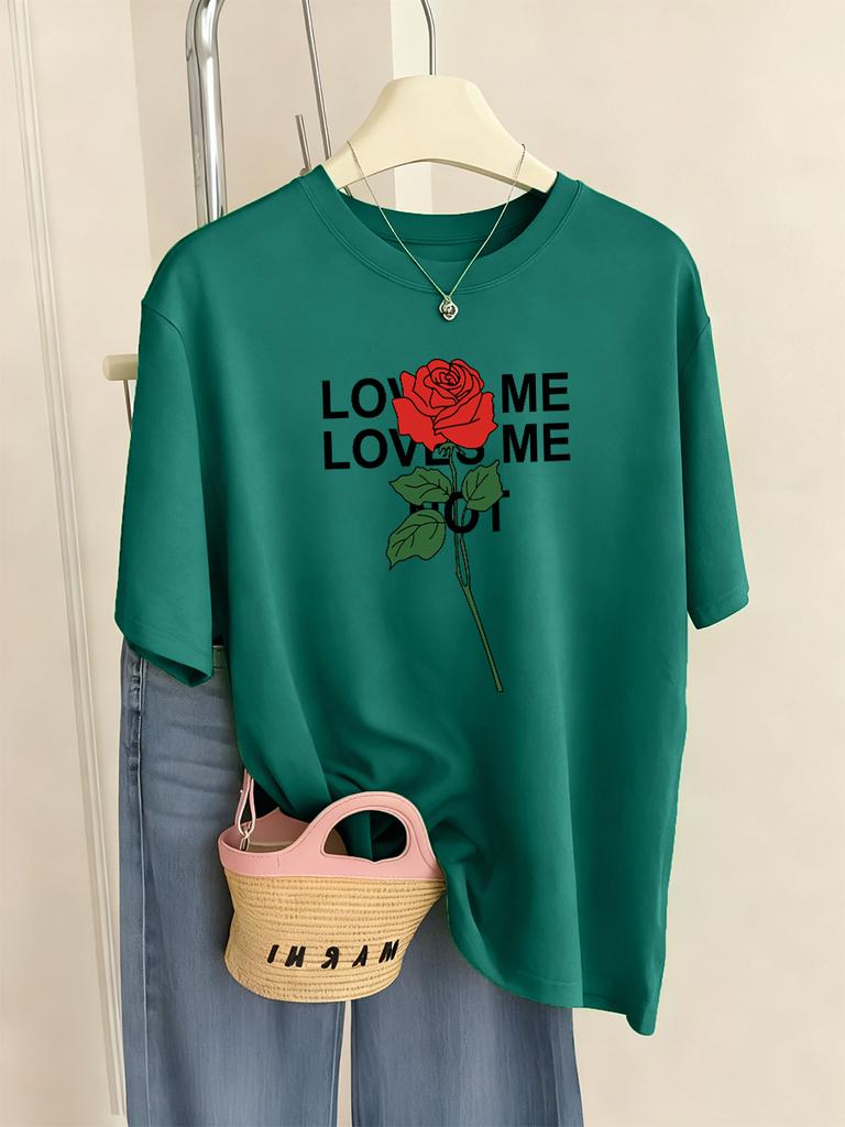 Loved Me Rose Flower Printed TShirts Women Casual ONeck Short Sleeve Tops Comfortable Loose T Shirt Summer Soft Womans Clothes