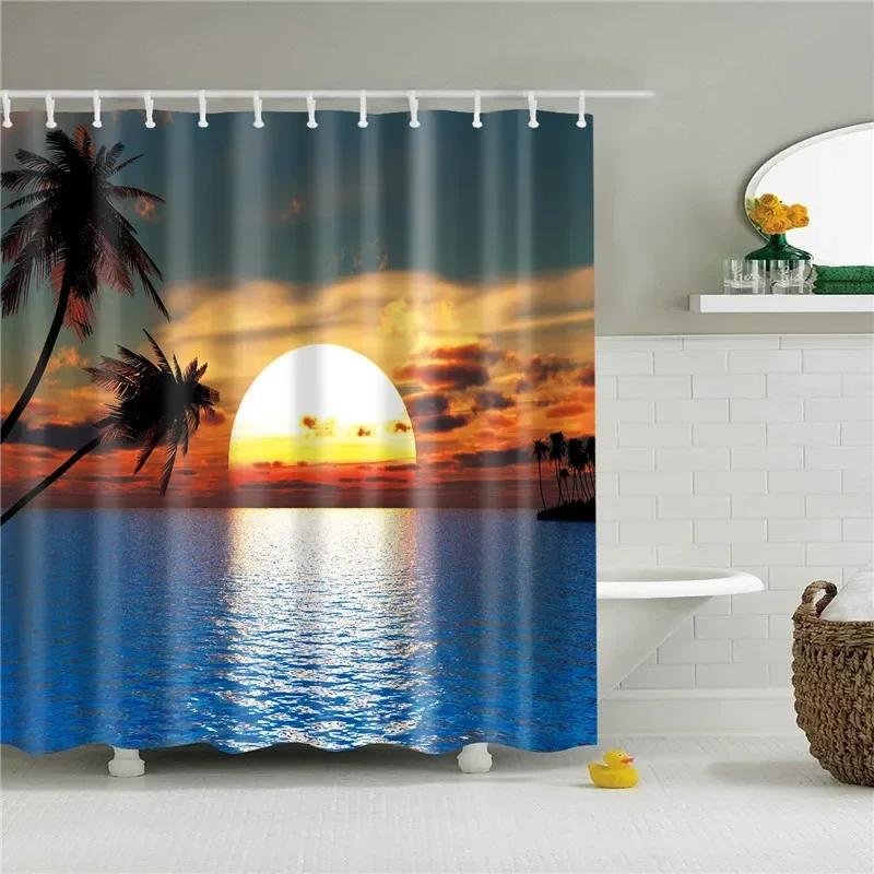 3D Scenic Landscape Seaside Beach Trees Flowers Shell Bath Curtain Shower Curtains for Bathroom Waterproof Polyester Frabic Hook
