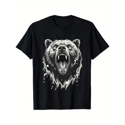 Europäische Größen Herren Schwarzbär Grafik T-Shirt - Rundhals Kurzarm T-Shirt mit Weißem Bärenkopf Druck