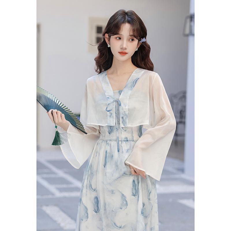 2026 Women s Ink Wash Print Spaghetti Strap Dress Set - Chinese Fairy Forest Style Medium