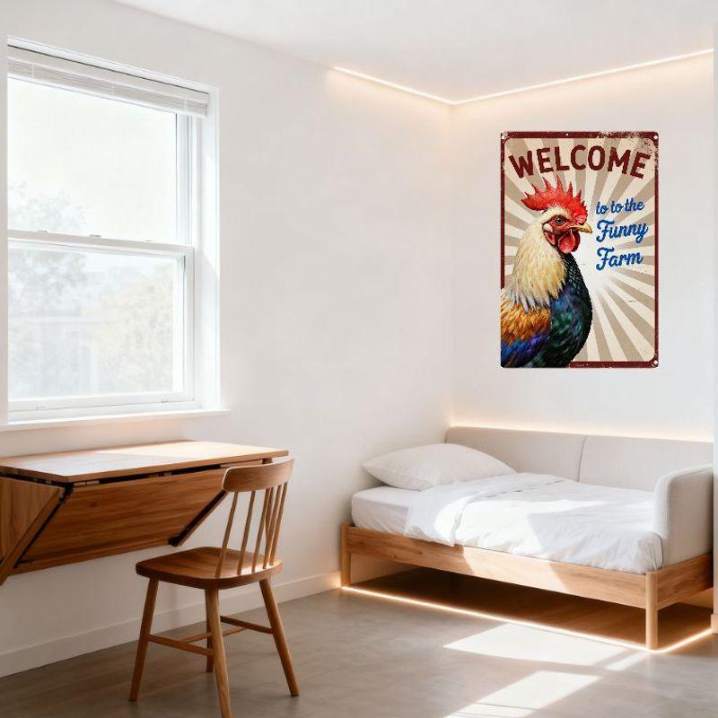 Vintage Metal Tin Sign with Red Border, White Background & Radiating Stripes - 'WELCOME to the Funny Farm' with Rooster Decor -