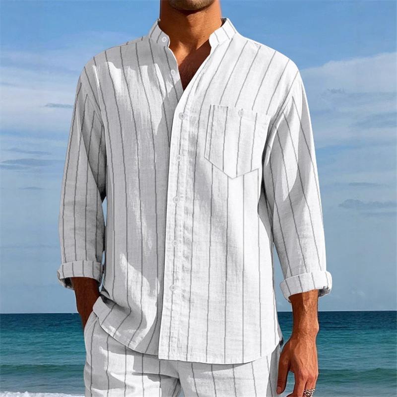 Summer Men's Linen Casual Shirts Fashion Striped Stand Collar Breathable Long Sleeve Casual Shirt Men