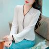 Women's V-neck Long Sleeve Blouse Contrast Trim Textured Fabric Loose Fit Casual Office Top Shirts