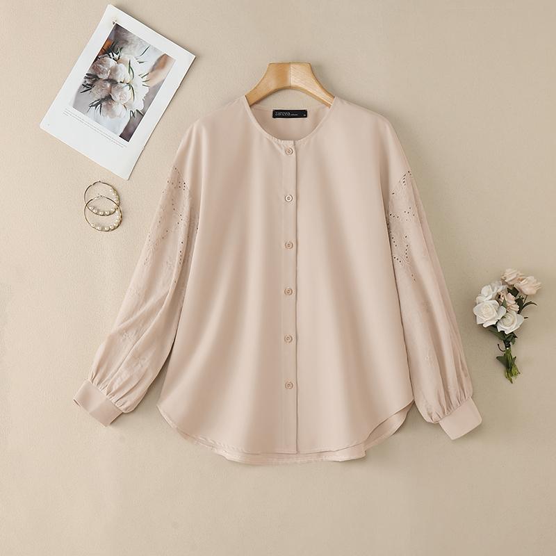 

ZANZEA Женская повседневная блузка с круглым вырезом, однотонная, свободного кроя, с длинным рукавом 2XL хаки