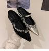 Fashion Silver Satin High Heels Pumps Summer Sandals Rhinestone Flat Strap Mid Shoes Spring Low Heels Slingbacks Female Shoes