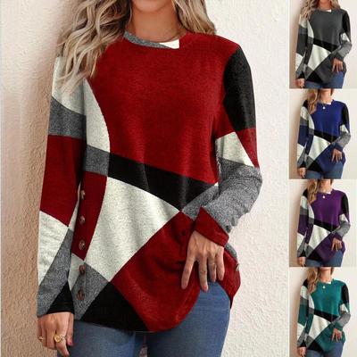 Übergröße Geometrisches Patchwork-Hemd Damen Langarm Weich Leicht Locker Herbst Oberteil Pullover Sweatshirt