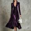 Abito Lungo da Donna in Velluto Colorato Vintage con Maniche Lunghe, Scollo a V, Vita Bottone e Fondo Arricciato