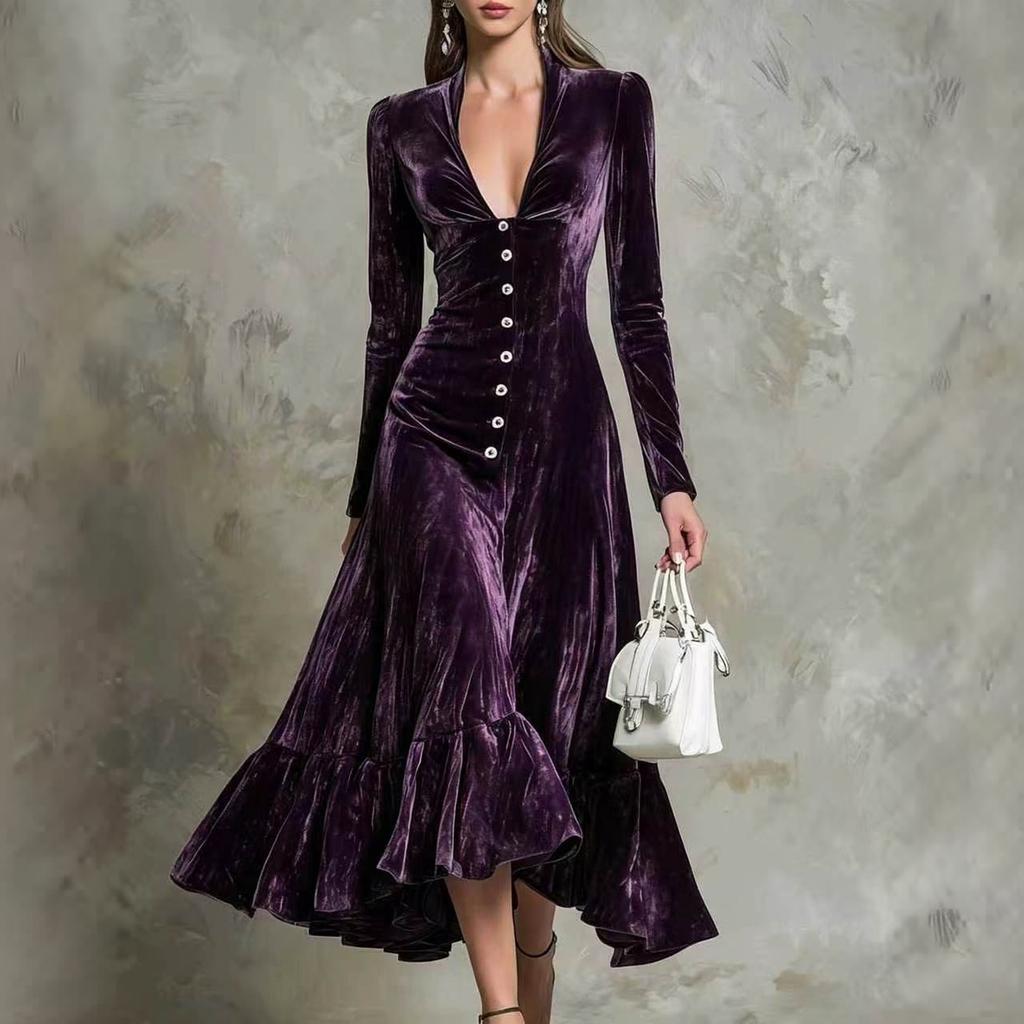 Abito Lungo da Donna in Velluto Colorato Vintage con Maniche Lunghe, Scollo a V, Vita Bottone e Fondo Arricciato
