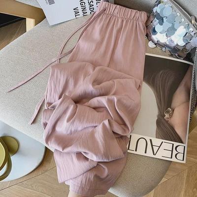Calça feminina de algodão tencel texturizado com pernas largas - primavera/verão, solta, drapeada, casual, calça de oito pontas