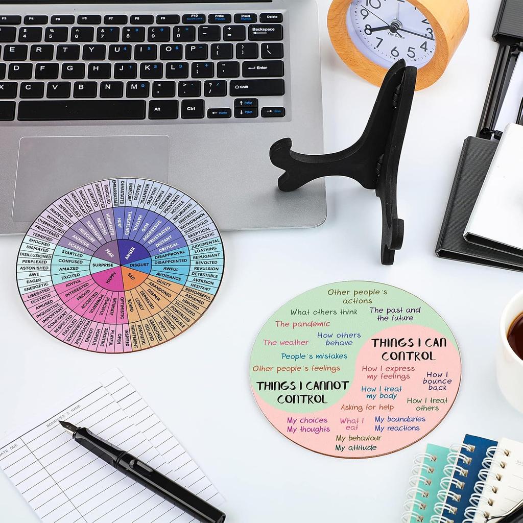 2 Pcs Feelings Wheel Therapy Office Desk Decor Things I Can Control Double Sided Mental Health Emotions Chart with Stand Therapist Gifts Psychology
