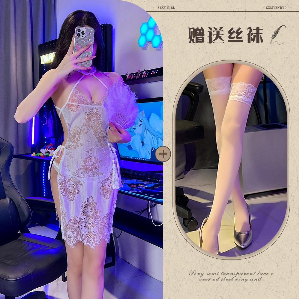 Sex Underwear Retro Perspective Lace Cheongsam Sexy Eyelash Edge Strap Nightdress Hot Temptation Backless