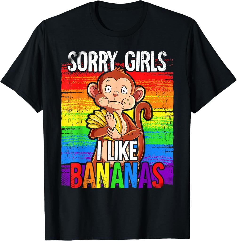 Vintage Monkey Sorry Girls I Like Bananas Tshirt For Unisex Fashion Gay Lgbtq Pride Month Male Tshirts