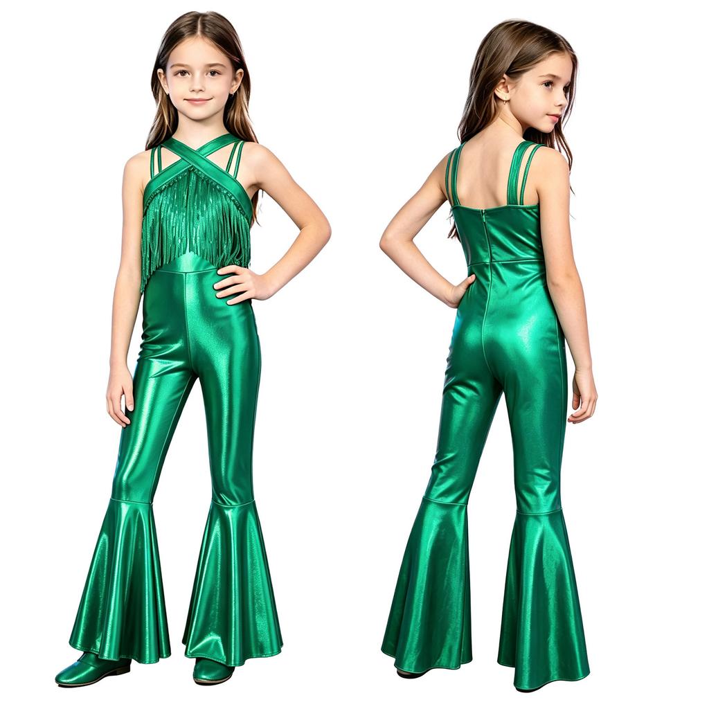 Girls Metallic Jumpsuit Shiny Sequins Tassels Sleeveless Back Zipper Long Flare Pants Disco Dance Parties