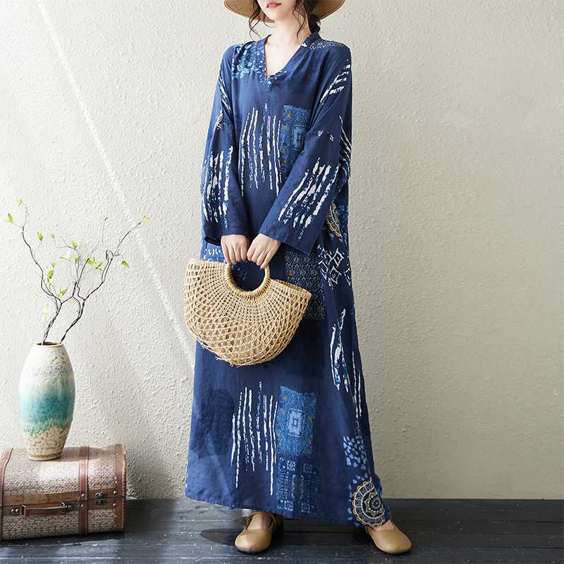 

Новые женские длинные платья с V-образным вырезом, свободного кроя, больших размеров, в простом отпускном стиле, с длинным рукавом One Size синий