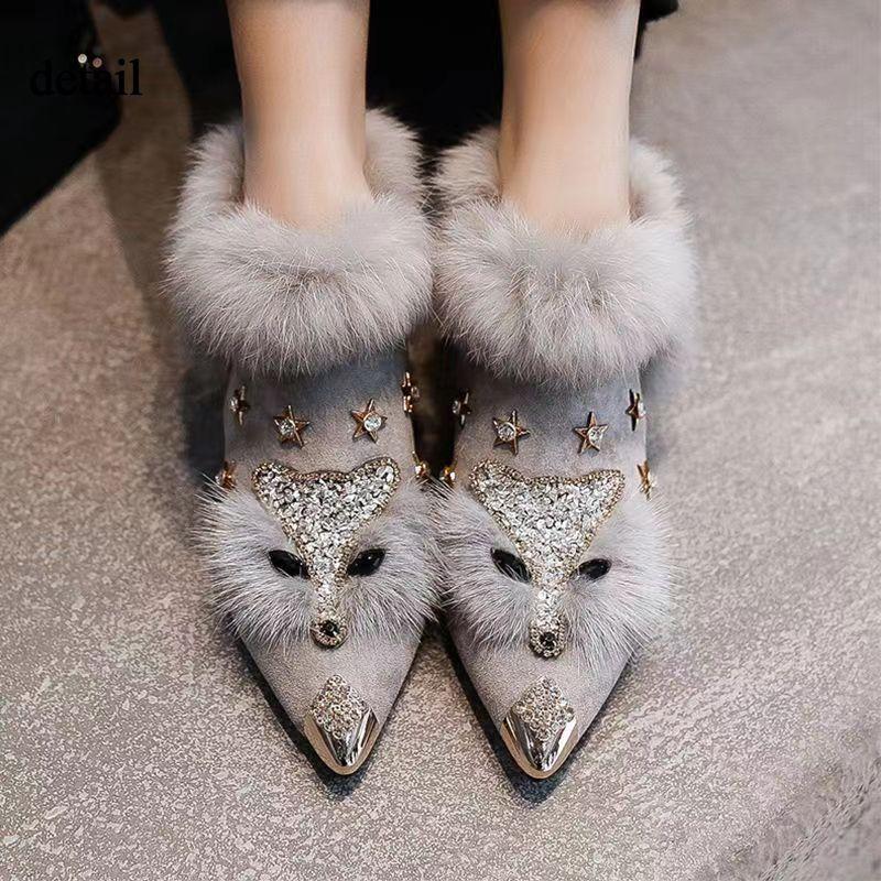 Women's Winter Warm Pointed Toe Snow Boots Non-Slip Low Heels Ankle Booties With Faux Fur Lining Chunky Block Heel Walking Boots Shoes for Women
