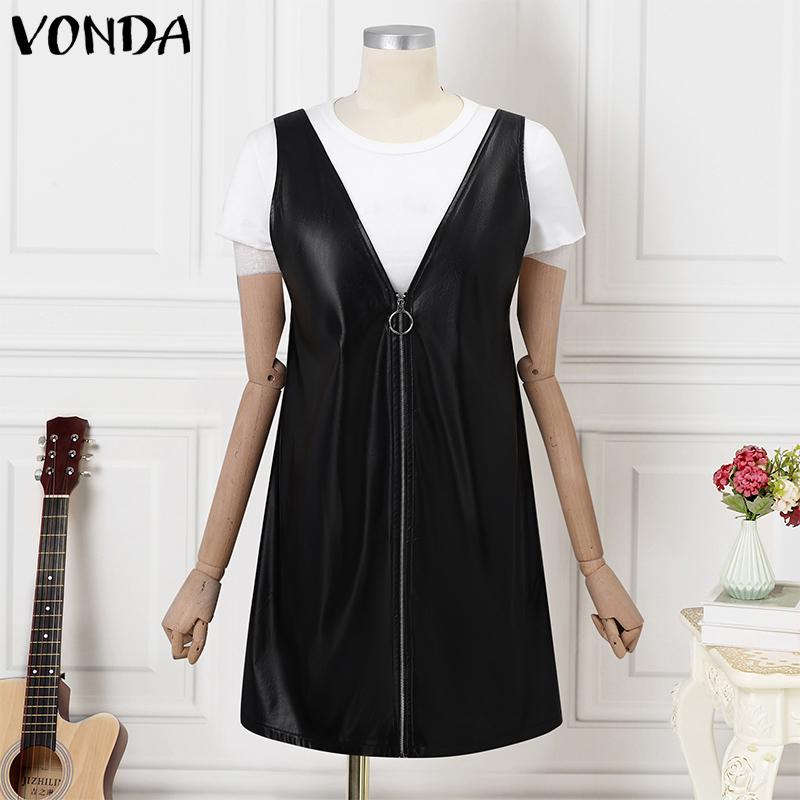 VONDA Damenmode PU-Leder einfarbig Reißverschluss Hosenträgerröcke