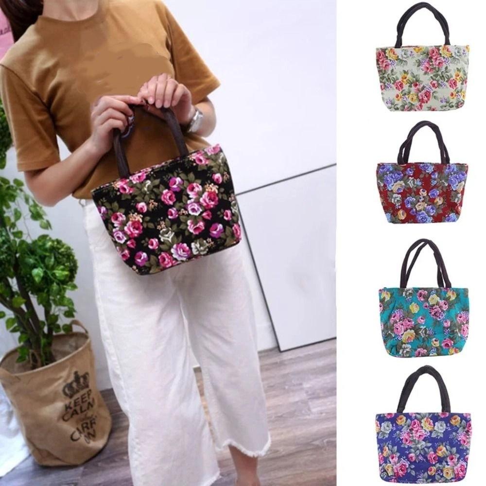 Printed Floral Tote Bag Large Capacity Rose Mommy Bag Fashion Canvas Lunch Bag  Travel