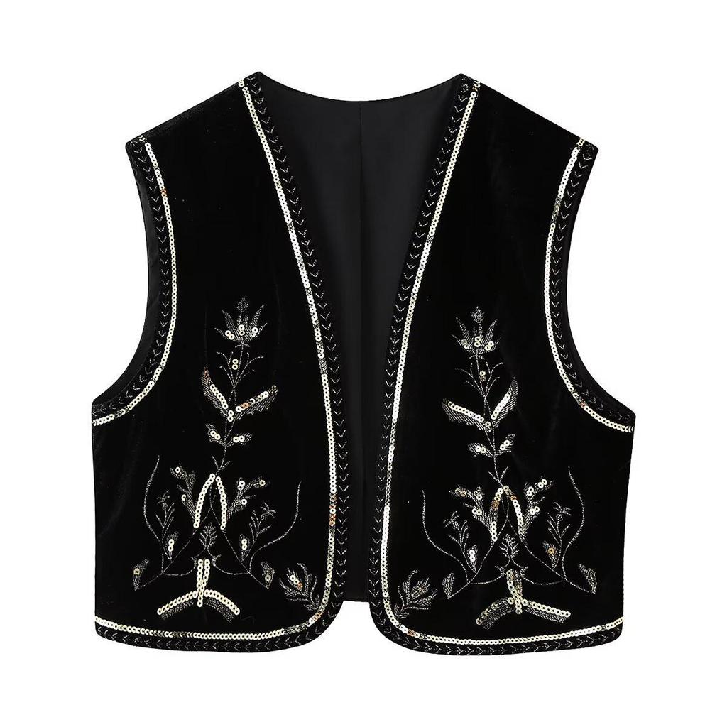 2024 Autumn Women's European & American Velvet Sequin Embroidered Vest